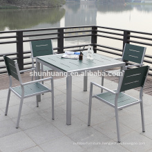 Outdoor furniture general use plastic wood material garden chairs wooden dining table set.